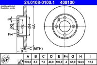 ATE 408100 - Diámetro exterior [mm]: 239<br>Altura [mm]: 38,6<br>Tipo de disco de frenos: macizo<br>Espesor de disco de frenos [mm]: 10<br>Espesor mínimo [mm]: 8<br>Número de orificios: 4<br>Superficie: barnizado<br>Lado de montaje: Eje delantero<br>Par apriete [Nm]: 120<br>