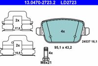 ATE LD2723 - Equipamiento de vehículo: para vehículos con freno de estacionamiento electrónico<br>Lado de montaje: Eje trasero<br>Ancho [mm]: 106,0<br>Altura [mm]: 48,7<br>Espesor [mm]: 17,3<br>Contacto avisador de desgaste: no preparado para indicador de desgaste<br>Contacto avisador de desgaste: excl. contacto de avisador de desgaste<br>Artículo complementario/Información complementaria: con accesorios<br>Artículo complementario / información complementaria 2: con tornillos pinza freno<br>cantidad de tornillos: 4<br>Sistema de frenos: Lucas / TRW<br>Nº art. de accesorio recomendado: 24.8190-0816.2<br>Homologación: E1 90R-02A0258/0384<br>Permitido hasta la potencia del vehículo [kW]: 225<br>