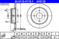 ATE 410115 - Diámetro exterior [mm]: 253<br>Altura [mm]: 33<br>Tipo de disco de frenos: macizo<br>Espesor de disco de frenos [mm]: 10<br>Espesor mínimo [mm]: 8,9<br>Número de orificios: 4<br>Superficie: barnizado<br>Lado de montaje: Eje trasero<br>Par apriete [Nm]: 85<br>