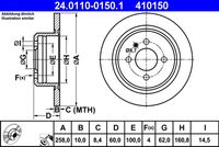 ATE 410150 - Superficie: barnizado<br>Tipo de disco de frenos: ventilado<br>Espesor de disco de frenos [mm]: 22<br>Espesor mínimo [mm]: 20,4<br>Número de orificios: 4<br>Diámetro de centrado [mm]: 66<br>Lado de montaje: Eje delantero<br>Diámetro exterior [mm]: 260<br>Par apriete [Nm]: 120<br>