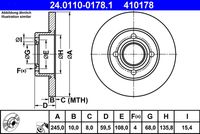 ATE 410178 - Lado de montaje: Eje trasero<br>Diámetro exterior [mm]: 245<br>Espesor de disco de frenos [mm]: 10<br>Altura [mm]: 59,3<br>Llanta, nº de taladros: 4<br>Tipo de disco de frenos: macizo<br>corona de agujeros - Ø [mm]: 108<br>Superficie: revestido<br>Diamétro cubo[mm]: 145<br>Peso [kg]: 3,52<br>