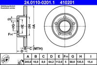 ATE 410201 - Diámetro exterior [mm]: 245<br>Altura [mm]: 63,9<br>Tipo de disco de frenos: macizo<br>Espesor de disco de frenos [mm]: 10<br>Espesor mínimo [mm]: 8<br>Número de orificios: 5<br>Superficie: barnizado<br>Lado de montaje: Eje trasero<br>Par apriete [Nm]: 120<br>