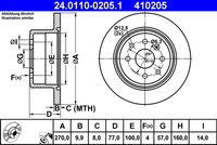 ATE 410205 - Lado de montaje: Eje delantero<br>corona de agujeros - Ø [mm]: 60<br>Altura [mm]: 41,2<br>Diámetro exterior [mm]: 255,8<br>Espesor de disco de frenos [mm]: 23,8<br>Espesor mínimo [mm]: 22<br>Número de taladros: 4<br>Tipo de disco de frenos: ventilado<br>Homologación: ECE R90 APPROVED<br>Superficie: barnizado<br>Par apriete [Nm]: 110<br>