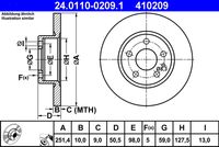 ATE 410209 - Lado de montaje: Eje trasero<br>Diámetro exterior [mm]: 251<br>Altura [mm]: 50,5<br>Tipo de disco de frenos: macizo<br>Espesor de disco de frenos [mm]: 10<br>Espesor mínimo [mm]: 9<br>Número de orificios: 5<br>Diámetro de centrado [mm]: 59<br>Superficie: barnizado<br>