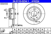 ATE 410234 - Lado de montaje: Eje trasero<br>corona de agujeros - Ø [mm]: 72<br>Altura [mm]: 40,3<br>Diámetro exterior [mm]: 261<br>Espesor de disco de frenos [mm]: 10<br>Espesor mínimo [mm]: 8<br>Número de taladros: 5<br>Tipo de disco de frenos: macizo<br>Homologación: ECE R90 APPROVED<br>Superficie: barnizado<br>Par apriete [Nm]: 100<br>