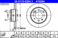 ATE 410264 - Lado de montaje: Eje trasero<br>corona de agujeros - Ø [mm]: 76<br>Altura [mm]: 40,5<br>Diámetro exterior [mm]: 258<br>Espesor de disco de frenos [mm]: 10<br>Espesor mínimo [mm]: 8,5<br>Número de taladros: 4<br>Tipo de disco de frenos: macizo<br>Homologación: ECE R90 APPROVED<br>Superficie: barnizado<br>Par apriete [Nm]: 100<br>