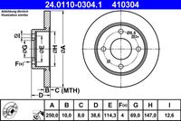 ATE 410304 - Lado de montaje: Eje trasero<br>corona de agujeros - Ø [mm]: 69<br>Altura [mm]: 38,8<br>Diámetro exterior [mm]: 249,7<br>Espesor de disco de frenos [mm]: 10<br>Espesor mínimo [mm]: 8,5<br>Número de taladros: 4<br>Tipo de disco de frenos: macizo<br>Homologación: ECE R90 APPROVED<br>Superficie: barnizado<br>Par apriete [Nm]: 108<br>