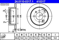 ATE 410317 - Lado de montaje: Eje trasero<br>corona de agujeros - Ø [mm]: 76<br>Altura [mm]: 61,2<br>Diámetro exterior [mm]: 261,7<br>Espesor de disco de frenos [mm]: 10<br>Espesor mínimo [mm]: 8,5<br>Número de taladros: 4<br>Tipo de disco de frenos: macizo<br>Superficie: barnizado<br>Par apriete [Nm]: 100<br>