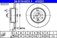 ATE 410331 - Lado de montaje: Eje delantero<br>corona de agujeros - Ø [mm]: 58<br>Altura [mm]: 38,6<br>Diámetro exterior [mm]: 279,9<br>Espesor de disco de frenos [mm]: 9<br>Espesor mínimo [mm]: 7,5<br>Número de taladros: 3<br>Tipo de disco de frenos: macizo<br>Superficie: barnizado<br>Par apriete [Nm]: 120<br>