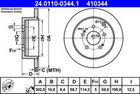 ATE 410344 - Lado de montaje: Eje trasero<br>corona de agujeros - Ø [mm]: 69<br>Altura [mm]: 60,6<br>Diámetro exterior [mm]: 301,5<br>Espesor de disco de frenos [mm]: 10<br>Espesor mínimo [mm]: 8,5<br>Número de taladros: 5<br>Tipo de disco de frenos: macizo<br>Superficie: barnizado<br>