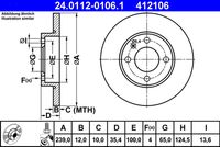 ATE 412106 - Lado de montaje: Eje delantero<br>Diámetro exterior [mm]: 239<br>Altura [mm]: 35<br>Tipo de disco de frenos: macizo<br>Espesor de disco de frenos [mm]: 12<br>Espesor mínimo [mm]: 10<br>Número de orificios: 4<br>Superficie: barnizado<br>Par apriete [Nm]: 120<br>