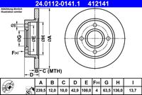 ATE 412141 - año construcción hasta: 10/1995<br>Lado de montaje: Eje delantero<br>Diámetro exterior [mm]: 239,7<br>Espesor de disco de frenos [mm]: 10,0<br>Espesor mínimo [mm]: 8,0<br>Tipo de disco de frenos: macizo<br>Número de orificios: 4<br>Superficie: revestido<br>corona de agujeros - Ø [mm]: 108,0<br>Altura [mm]: 43,0<br>Diámetro de centrado [mm]: 63,6<br>Diámetro interior [mm]: 136,0<br>Diámetro de orificio [mm]: 13,8<br>Homologación: E1 90R-02C0165/1150<br>