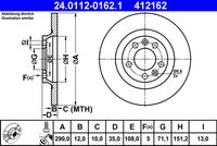 ATE 412162 - Diámetro exterior [mm]: 290<br>Altura [mm]: 35<br>Tipo de disco de frenos: macizo<br>Espesor de disco de frenos [mm]: 12<br>Espesor mínimo [mm]: 10<br>Número de orificios: 5<br>Superficie: barnizado<br>Lado de montaje: Eje trasero<br>Par apriete [Nm]: 90<br>