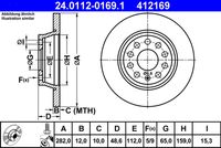 ATE 412169 - Número de PR: 2EA<br>Diámetro exterior [mm]: 310<br>Altura [mm]: 48<br>Tipo de disco de frenos: ventilado<br>Espesor de disco de frenos [mm]: 22<br>Espesor mínimo [mm]: 20<br>Número de orificios: 5<br>Superficie: barnizado<br>Lado de montaje: Eje trasero<br>Par apriete [Nm]: 120<br>