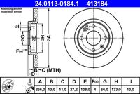 ATE 413184 - Diámetro exterior [mm]: 266<br>Altura [mm]: 34,2<br>Tipo de disco de frenos: ventilado<br>Espesor de disco de frenos [mm]: 22<br>Espesor mínimo [mm]: 20<br>Número de orificios: 4<br>Superficie: barnizado<br>Lado de montaje: Eje delantero<br>Par apriete [Nm]: 90<br>corona de agujeros - Ø [mm]: 108<br>