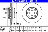 ATE 420115 - Espesor de disco de frenos [mm]: 24<br>Llanta, nº de taladros: 4<br>Cantidad de agujeros de fijación: 2<br>Espesor [mm]: 41<br>Diámetro exterior [mm]: 256<br>corona de agujeros - Ø [mm]: 100<br>Superficie: revestido<br>Tipo de disco de frenos: ventilación interna<br>Lado de montaje: Eje delantero<br>Espesor mínimo [mm]: 22<br>Peso [kg]: 5,7<br>Diámetro de centrado [mm]: 59<br>