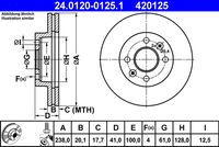 ATE 420125 - año construcción hasta: 10/1997<br>Lado de montaje: Eje delantero<br>Diámetro exterior [mm]: 238,0<br>Espesor de disco de frenos [mm]: 12,0<br>Espesor mínimo [mm]: 10,5<br>Tipo de disco de frenos: macizo<br>Superficie: revestido<br>Número de orificios: 4<br>Artículo complementario / información complementaria 2: con tornillos<br>corona de agujeros - Ø [mm]: 100,0<br>Altura [mm]: 41,0<br>Diámetro de centrado [mm]: 61,0<br>Diámetro interior [mm]: 129,5<br>Diámetro de orificio [mm]: 13,5<br>Homologación: E1 90R-02C0165/1151<br>