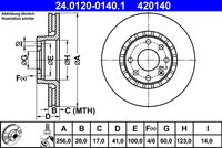 ATE 420140 - Diámetro exterior [mm]: 256<br>Altura [mm]: 41<br>Tipo de disco de frenos: ventilado<br>Espesor de disco de frenos [mm]: 20<br>Espesor mínimo [mm]: 17<br>Número de orificios: 6<br>Superficie: barnizado<br>Lado de montaje: Eje delantero<br>Par apriete [Nm]: 110<br>