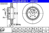 ATE 422133 - Lado de montaje: Eje trasero<br>Diámetro exterior [mm]: 300<br>Espesor de disco de frenos [mm]: 22<br>Altura [mm]: 60<br>Llanta, nº de taladros: 5<br>Tipo de disco de frenos: ventilado<br>corona de agujeros - Ø [mm]: 112<br>Diamétro cubo[mm]: 168<br>Peso [kg]: 7,37<br>