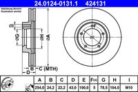 ATE 424131 - adecuado para tamaño llanta [pulgada]: 14<br>Diámetro exterior [mm]: 254<br>Altura [mm]: 43<br>Tipo de disco de frenos: ventilado<br>Espesor de disco de frenos [mm]: 24<br>Espesor mínimo [mm]: 22,2<br>Número de orificios: 5<br>Superficie: barnizado<br>Lado de montaje: Eje delantero<br>Par apriete [Nm]: 100<br>