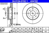 ATE 424192 - Lado de montaje: Eje trasero<br>Diámetro exterior [mm]: 250,0<br>Espesor de disco de frenos [mm]: 10,0<br>Espesor mínimo [mm]: 8,0<br>Tipo de disco de frenos: macizo<br>Número de orificios: 4<br>Superficie: revestido<br>corona de agujeros - Ø [mm]: 114,3<br>Altura [mm]: 38,6<br>Diámetro de centrado [mm]: 69,0<br>Diámetro interior [mm]: 147,0<br>Diámetro de orificio [mm]: 12,6<br>Homologación: E1 90R-02C0165/1006<br>