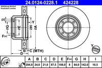 ATE 424228 - Variante de equipamiento: C-Model<br>Tipo de disco de frenos: ventilación interna<br>Diámetro exterior [mm]: 294<br>Espesor de disco de frenos [mm]: 24,0<br>Altura [mm]: 87,6<br>Espesor mínimo [mm]: 21,0<br>Superficie: barnizado<br>Lado de montaje: Eje trasero<br>