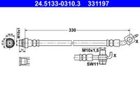 ATE 331197 - Lado de montaje: Eje delantero<br>para diámetro disco de freno [mm]: 328<br>Longitud [mm]: 463<br>Rosca 1: INN M10x1.0<br>Rosca 2: OUT M10x1.0<br>Peso [kg]: 0,12<br>