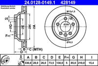 ATE 428149 - Diámetro exterior [mm]: 330<br>Altura [mm]: 73,7<br>Tipo de disco de frenos: ventilado<br>Espesor de disco de frenos [mm]: 28<br>Espesor mínimo [mm]: 26<br>Número de orificios: 5<br>Superficie: barnizado<br>Lado de montaje: Eje trasero<br>Par apriete [Nm]: 160<br>