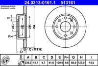 ATE 513161 - Lado de montaje: Eje delantero<br>Diámetro exterior [mm]: 236,0<br>Espesor de disco de frenos [mm]: 12,7<br>Espesor mínimo [mm]: 9,7<br>Tipo de disco de frenos: macizo<br>Superficie: revestido<br>Número de orificios: 4<br>Artículo complementario / información complementaria 2: con tornillos<br>Cantidad taladros 2: 6<br>corona de agujeros - Ø [mm]: 100,0<br>Altura [mm]: 41,0<br>Diámetro de centrado [mm]: 60,0<br>Diámetro interior [mm]: 123,0<br>Diámetro de orificio [mm]: 14,0<br>Homologación: E1 90R-02C0165/0902<br>