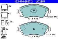 ATE LD2857 - N.º de chasis (VIN) desde: 43033899, 53000001<br>año construcción hasta: 10/2011<br>Carga útil: para carga útil aumentada<br>Lado de montaje: Eje delantero<br>Ancho 1 [mm]: 155,1<br>Altura 1 [mm]: 69,7<br>Espesor/grosor 1 [mm]: 20,5<br>Ancho 2 [mm]: 156,3<br>Altura 2 [mm]: 76,0<br>Espesor/grosor 2 [mm]: 20,2<br>Contacto avisador de desgaste: sin contacto de aviso de desgaste<br>Contacto avisador de desgaste: con avisador acústico de desgaste<br>Número de indicadores de desgaste [por eje]: 2<br>Sistema de frenos: ATE<br>Homologación: E1 90R-02A0335/0224<br>Homologación: E9 90R-02A1162/0788<br>Nº art. de accesorio recomendado: 24.8190-0720.2<br>Nº art. de accesorio recomendado: 24.8190-0018.2<br>