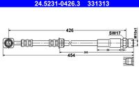 ATE 331313 - Lado de montaje: Eje delantero<br>Longitud [mm]: 444<br>Rosca 1: INN M10x1.0<br>Rosca 2: BANJO 10.0 mm<br>Peso [kg]: 0,16<br>