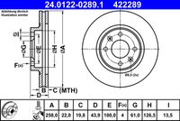 ATE 422289 - Lado de montaje: Eje delantero<br>año construcción desde: 02/2016<br>Diámetro exterior [mm]: 258,0<br>Espesor de disco de frenos [mm]: 22,0<br>Espesor mínimo [mm]: 19,8<br>Tipo de disco de frenos: ventilado<br>Procesamiento: altamente carbonizado<br>Superficie: revestido<br>Número de orificios: 4<br>Artículo complementario / información complementaria 2: con tornillos<br>corona de agujeros - Ø [mm]: 100,0<br>Altura [mm]: 44,0<br>Diámetro de centrado [mm]: 61,0<br>Diámetro interior [mm]: 125,3<br>Diámetro de orificio [mm]: 13,5<br>Homologación: E1 90R-02C0118/0362<br>