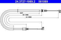 ATE 581089 - Equipamiento de vehículo: para vehículos sin freno de estacionamiento electrónico<br>Lado de montaje: Atrás izquierda<br>Lado de montaje: Atrás derecha<br>Tipo de freno: Discos<br>Longitud 1 [mm]: 2224<br>Long. 3 [mm]: 1295<br>Peso [kg]: 0,55<br>