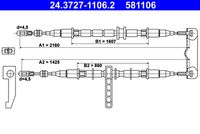 ATE 581106 - Dinámica de frenado / conducción: para vehículos con ABS<br>Lado de montaje: posterior<br>Tipo de freno: Discos<br>Long. 4 [mm]: 859<br>Peso [kg]: 1,16<br>Longitud 1 [mm]: 2178<br>Longitud 2 [mm]: 1435<br>Long. 3 [mm]: 1612<br>