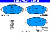 ATE 602764 - Número de PR: 1KW<br>Lado de montaje: Eje trasero<br>Equipamiento de vehículo: para vehículos con freno de estacionamiento electrónico<br>Ancho [mm]: 105,2<br>Altura [mm]: 56,4<br>Espesor [mm]: 16,9<br>Contacto avisador de desgaste: no preparado para indicador de desgaste<br>Contacto avisador de desgaste: excl. contacto de avisador de desgaste<br>Artículo complementario/Información complementaria: con accesorios<br>Artículo complementario / información complementaria 2: con tornillos pinza freno<br>cantidad de tornillos: 4<br>Sistema de frenos: Lucas / TRW<br>Homologación: E1 90R-02A0498/0349<br>Nº art. de accesorio recomendado: 13.0460-0517.2<br>