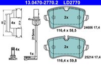 ATE LD2770 - año construcción desde: 09/2011<br>Número de PR: 1KW<br>Lado de montaje: Eje trasero<br>Ancho 1 [mm]: 116,4<br>Altura 1 [mm]: 58,5<br>Ancho 2 [mm]: 116,4<br>Altura 2 [mm]: 59,8<br>Espesor [mm]: 17,4<br>Contacto avisador de desgaste: con contacto avisador de desgaste<br>Número de indicadores de desgaste [por eje]: 1<br>Longitud contacto de aviso [mm]: 215<br>Artículo complementario/Información complementaria: con accesorios<br>Artículo complementario / información complementaria 2: con tornillos pinza freno<br>cantidad de tornillos: 4<br>Sistema de frenos: Lucas / TRW<br>Homologación: E9 90R-02A1242/2358<br>Permitido hasta la potencia del vehículo [kW]: 225<br>