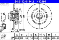 ATE 412194 - Tipo de freno: Disco de freno con cojinete<br>Diámetro exterior [mm]: 268<br>Altura [mm]: 73,2<br>Tipo de disco de frenos: macizo<br>Espesor de disco de frenos [mm]: 12<br>Espesor mínimo [mm]: 10<br>Número de orificios: 4<br>Superficie: barnizado<br>Lado de montaje: Eje trasero<br>Par apriete [Nm]: 90<br>