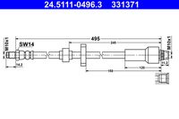 ATE 331371 - Lado de montaje: Eje delantero<br>para diámetro disco de freno [mm]: 266<br>Longitud [mm]: 527<br>Rosca 1: INN M10x1.0<br>Rosca 2: OUT M10x1.0<br>Peso [kg]: 0,12<br>