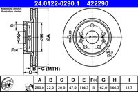 ATE 422290 - Lado de montaje: Eje trasero<br>Diámetro exterior [mm]: 259,4<br>Espesor de disco de frenos [mm]: 9,0<br>Espesor mínimo [mm]: 8,0<br>Tipo de disco de frenos: macizo<br>Superficie: revestido<br>Número de orificios: 5<br>corona de agujeros - Ø [mm]: 114,3<br>Altura [mm]: 43,2<br>Diámetro de centrado [mm]: 62,0<br>Diámetro interior [mm]: 146,6<br>Diámetro de orificio [mm]: 14,0<br>Homologación: E1 90R-02C0165/0836<br>