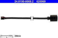 ATE 620069 - Lado de montaje: Eje delantero<br>Número de PR: 1LX<br>Número de PR: 1LQ<br>Tipo de freno: Discos<br>Longitud [mm]: 345<br>Peso [kg]: 0,02<br>Número de indicadores de desgaste [por eje]: 2<br>