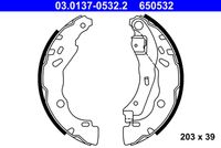 ATE 650532 - Lado de montaje: Eje trasero<br>Diámetro interior de tambor de freno [pulgadas]: 9<br>Diámetro interior de tambor de freno [mm]: 228<br>Ancho [mm]: 42<br>Artículo complementario/Información complementaria: con palanca<br>Homologación: E1 90R-011043/260<br>Sistema de frenos: Bendix<br>Nº art. de accesorio recomendado: 03.0137-9228.2<br>