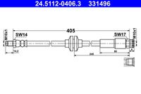 ATE 331496 - Lado de montaje: Eje delantero<br>Longitud [mm]: 436<br>Rosca 1: INN M10x1.0<br>Rosca 2: OUT M10x1.0<br>Peso [kg]: 0,13<br>