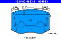 ATE 604883 - Lado de montaje: Eje delantero<br>Equipamiento de vehículo: para vehículos sin paquete deportivo AMG<br>Frenos: para vehículos sin sistema de frenos deportivos<br>Ancho [mm]: 175,0<br>Altura 1 [mm]: 69,0<br>Altura 2 [mm]: 77,9<br>Espesor [mm]: 19,6<br>Contacto avisador de desgaste: preparado para indicador desgaste<br>Contacto avisador de desgaste: excl. contacto de avisador de desgaste<br>Artículo complementario / información complementaria 2: con tornillos pinza freno<br>cantidad de tornillos: 4<br>Sistema de frenos: Lucas / TRW<br>Homologación: E1 90R-02A0212/0178<br>