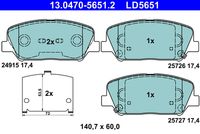 ATE LD5651 - Equipamiento de vehículo: para vehículos con freno de estacionamiento electrónico<br>Lado de montaje: Eje trasero<br>Ancho [mm]: 99,8<br>Altura [mm]: 41,1<br>Espesor [mm]: 15,5<br>Contacto avisador de desgaste: con avisador acústico de desgaste<br>Artículo complementario/Información complementaria: con accesorios<br>Sistema de frenos: Akebono<br>Homologación: E1 90R-02A0258/0268<br>Permitido hasta la potencia del vehículo [kW]: 225<br>