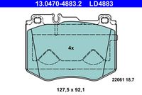 ATE LD4883 - Lado de montaje: Eje delantero<br>Equipamiento de vehículo: para vehículos sin paquete deportivo AMG<br>Frenos: para vehículos sin sistema de frenos deportivos<br>Ancho [mm]: 175,0<br>Altura 1 [mm]: 69,0<br>Altura 2 [mm]: 77,9<br>Espesor [mm]: 19,6<br>Contacto avisador de desgaste: preparado para indicador desgaste<br>Contacto avisador de desgaste: excl. contacto de avisador de desgaste<br>Artículo complementario / información complementaria 2: con tornillos pinza freno<br>cantidad de tornillos: 4<br>Sistema de frenos: Lucas / TRW<br>Homologación: E1 90R-02A0314/0179<br>Permitido hasta la potencia del vehículo [kW]: 225<br>