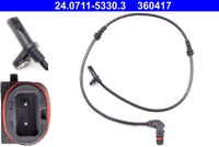 ATE 360417 - Lado de montaje: Eje delantero<br>Longitud total [mm]: 822<br>Longitud [mm]: 24<br>Tipo de sensor: Sensor activo<br>Color de conector: negro<br>Longitud de cable [mm]: 752<br>Referencia artículo par: 30406<br>Peso [kg]: 0,08<br>