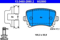 ATE 602880 - Número de PR: 1KE<br>Número de PR: 1KF<br>Número de PR: 1KJ<br>Número de PR: 1KV<br>Lado de montaje: Eje trasero<br>Equipamiento de vehículo: para vehículos con freno de estacionamiento electrónico<br>Ancho [mm]: 105,2<br>Altura [mm]: 56,4<br>Espesor [mm]: 16,9<br>Contacto avisador de desgaste: no preparado para indicador de desgaste<br>Contacto avisador de desgaste: excl. contacto de avisador de desgaste<br>Artículo complementario/Información complementaria: con accesorios<br>Artículo complementario / información complementaria 2: con tornillos pinza freno<br>cantidad de tornillos: 4<br>Sistema de frenos: Lucas / TRW<br>Homologación: E1 90R-02A0498/0349<br>Nº art. de accesorio recomendado: 13.0460-0517.2<br>