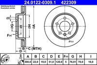 ATE 422309 - Diámetro exterior [mm]: 303<br>Altura [mm]: 56,8<br>Tipo de disco de frenos: ventilado<br>Espesor de disco de frenos [mm]: 28<br>Espesor mínimo [mm]: 26<br>Número de orificios: 5<br>Superficie: barnizado<br>Lado de montaje: Eje delantero<br>