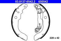 ATE 650542 - Lado de montaje: Eje trasero<br>Diámetro interior de tambor de freno [pulgadas]: 8<br>Diámetro interior de tambor de freno [mm]: 203<br>Ancho [mm]: 39<br>Artículo complementario/Información complementaria: con palanca<br>Homologación: E1 90R-011043/334<br>Sistema de frenos: Bosch<br>Nº art. de accesorio recomendado: 03.0137-9281.2<br>