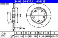 ATE 416137 - Lado de montaje: Eje delantero<br>Neumáticos: para neumáticos gemelos<br>Diámetro exterior [mm]: 308<br>Espesor de disco de frenos [mm]: 31<br>Altura [mm]: 61<br>Llanta, nº de taladros: 5<br>Tipo de disco de frenos: ventilado<br>corona de agujeros - Ø [mm]: 113,5<br>Superficie: revestido<br>Diamétro cubo[mm]: 150<br>Peso [kg]: 11<br>